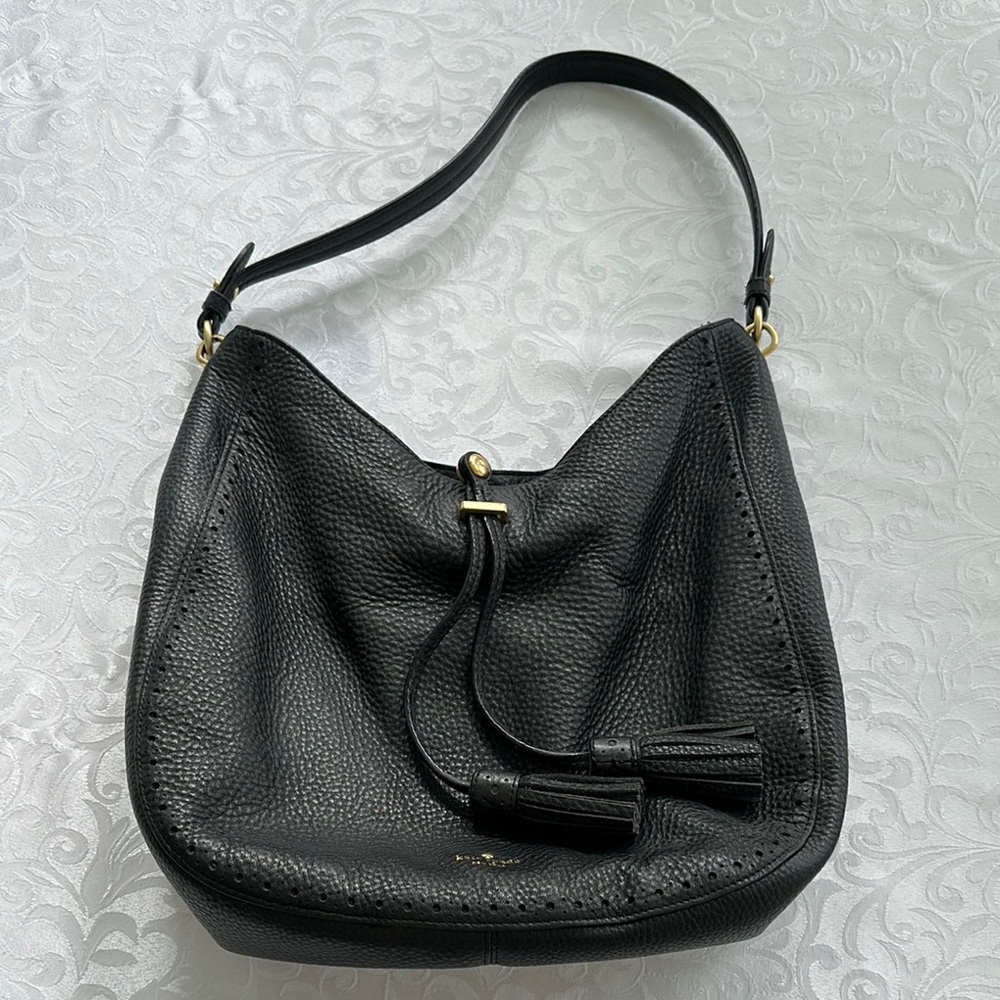 Kate Spade Black Leather Hobo Bag with Tassel Accent
